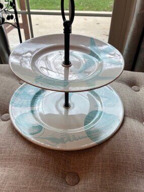 222 Fifth Coastal Life White & Blue Aqua Seashells Nautical 2 tier serving tray